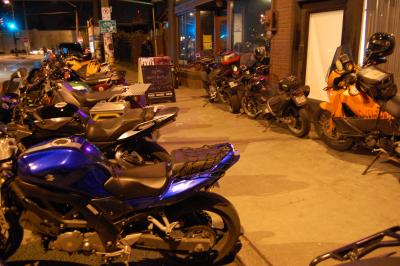 Adventure bikes lined up outside Smarty Pants for the Dakar Highlights event